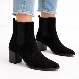 Express Womens Ankle Boots Booties Black Suede Block Heels Pointed Toe Zip Sz 9